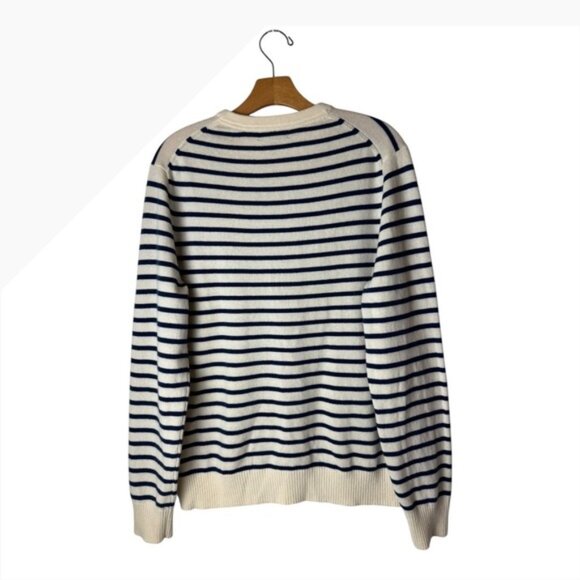 Lands End Sweater Men Medium Blue Ivory Stripe Cashmere Crew Neck Knit Preppy - Picture 2 of 7